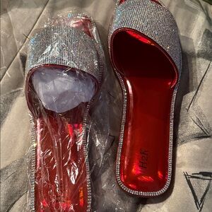 H2K Red Metallic Insole Silver Crystal Slide Mules